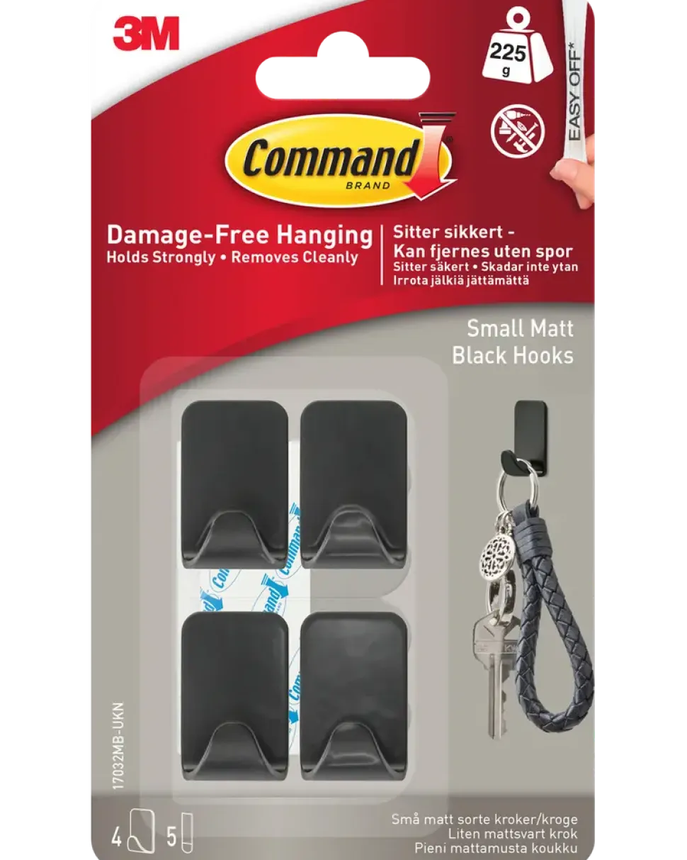 Command™ 4 Krokar och 5 Strips – Matt Svart, Små