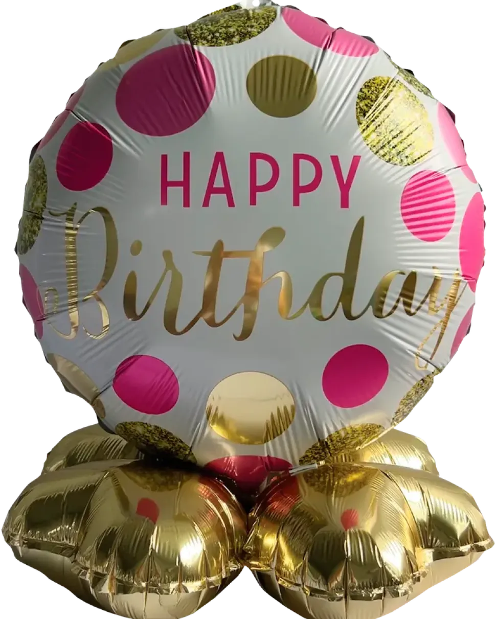 Folieballong på fot Ø35 cm - ”Happy birthday” Rosa