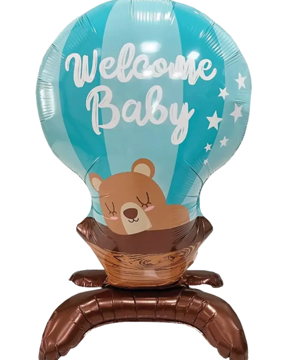 Folieballong på fot 66 cm - ”Welcome baby” blå
