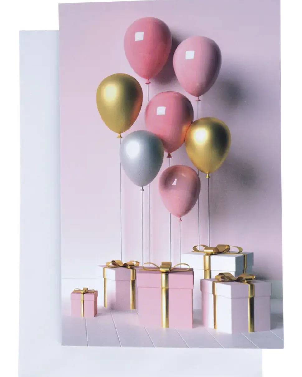 Kort med kuvert 11 x 17 cm - ballong med present