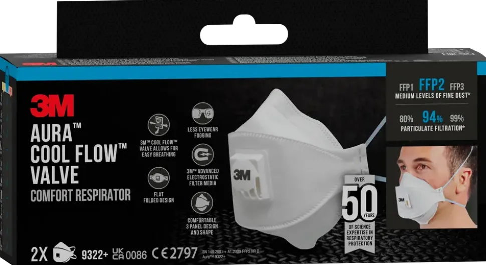 3M™ Aura™ CoolFlow™ Comfort Dammfiltermask FFP2 med ventil, 2-pack