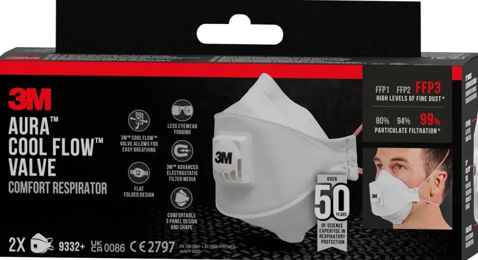 3M™ Aura™ CoolFlow™ Comfort Dammfiltermask FFP3 med ventil, 2-pack