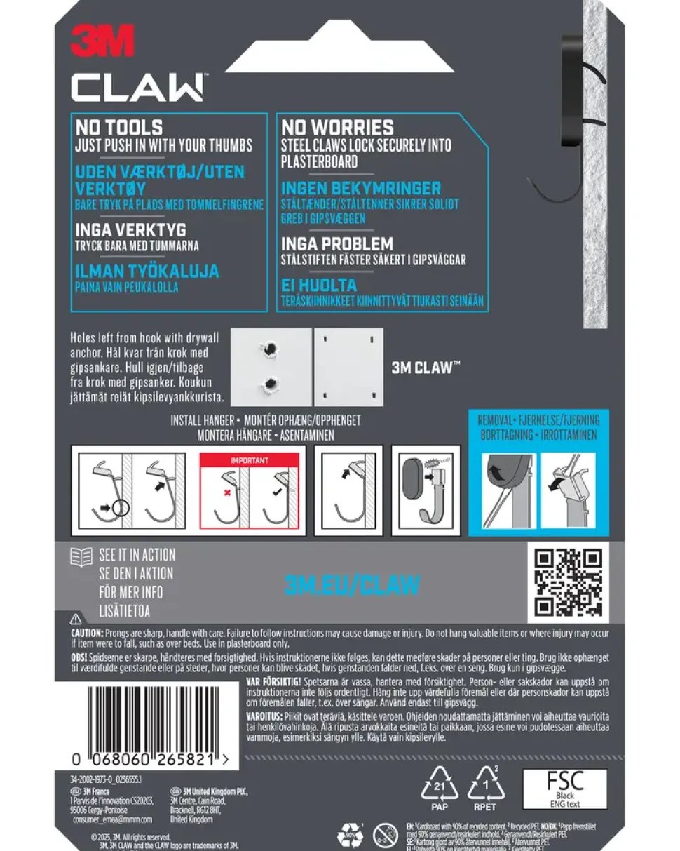 3M™ CLAW™ Drywall Hook Svart - 7 kg
