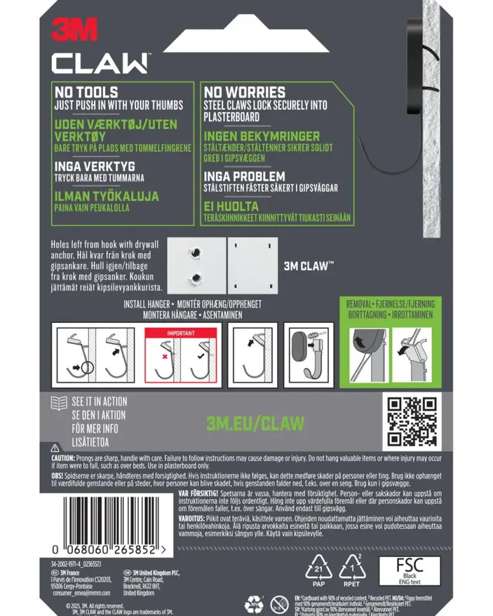 3M™ CLAW™ Drywall Hook Svart - 11 kg