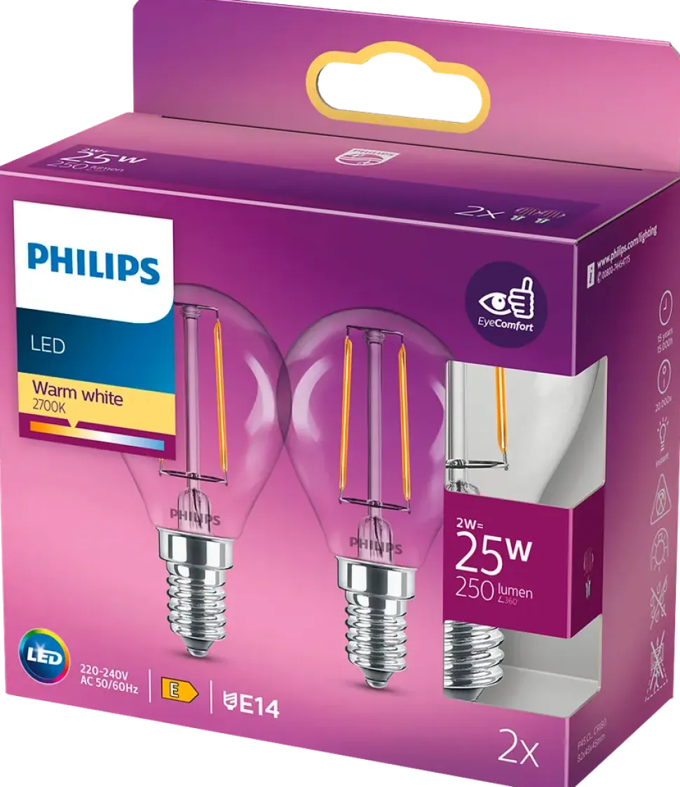 PHILIPS LED klotlampa 2W E14 2-pack