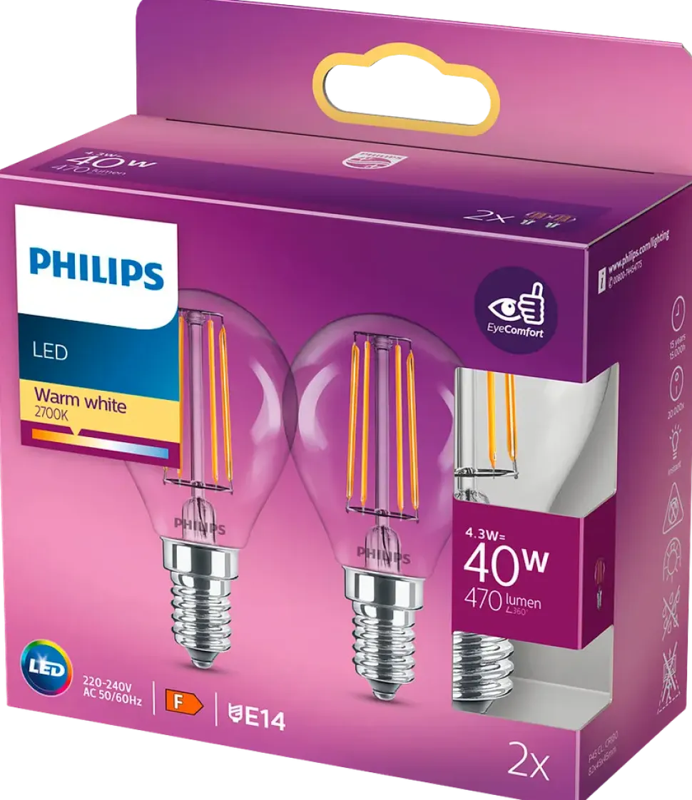 PHILIPS LED klotlampa 4,3W E14 2-pack