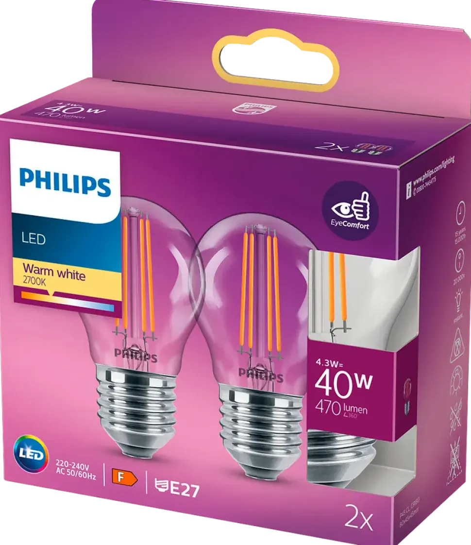 PHILIPS LED klotlampa 4,3W E27 2-pack