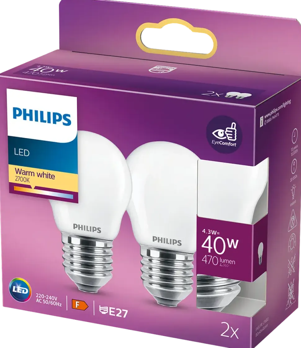 PHILIPS LED klotlampa 4,3W E27 P45 2-pack