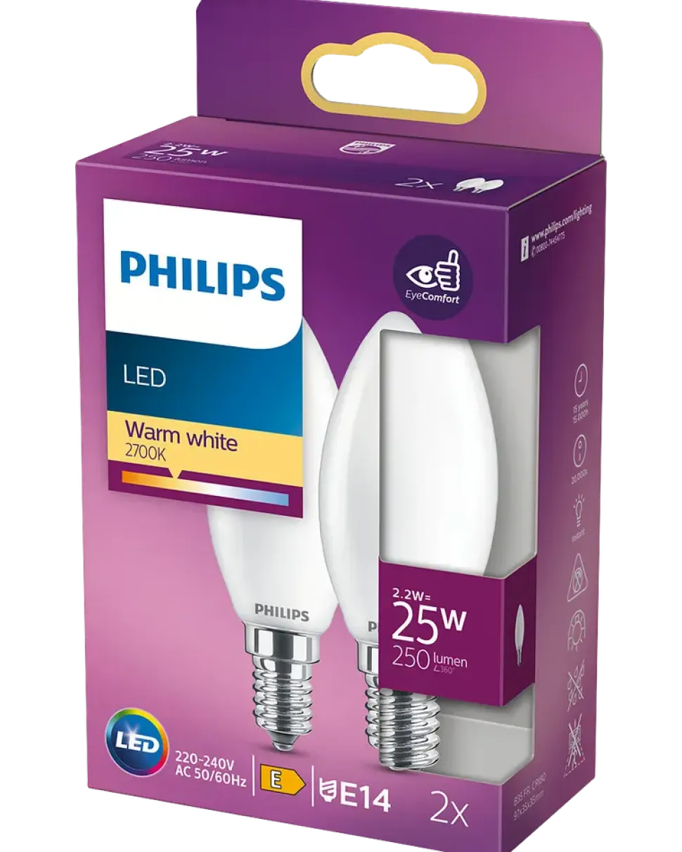 PHILIPS LED kronlampa 2,2W E14 B35 2-pack