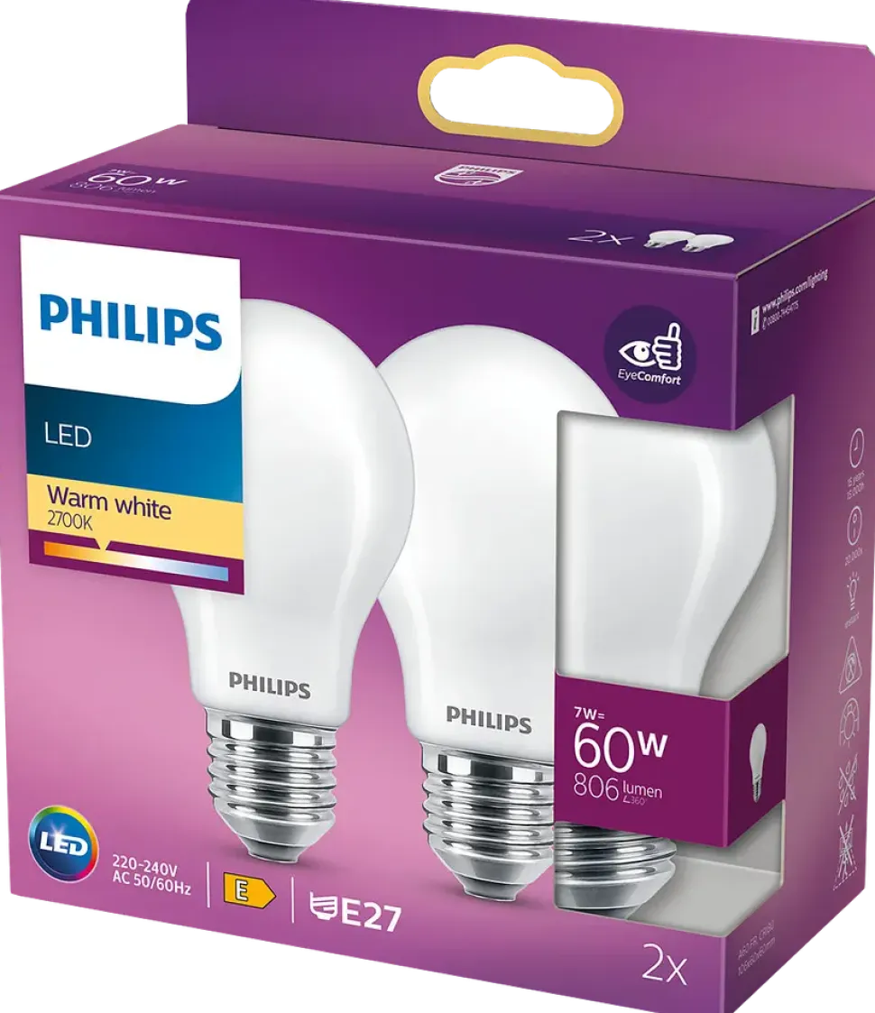 PHILIPS LED normallampa 7W E27 A60 2-pack