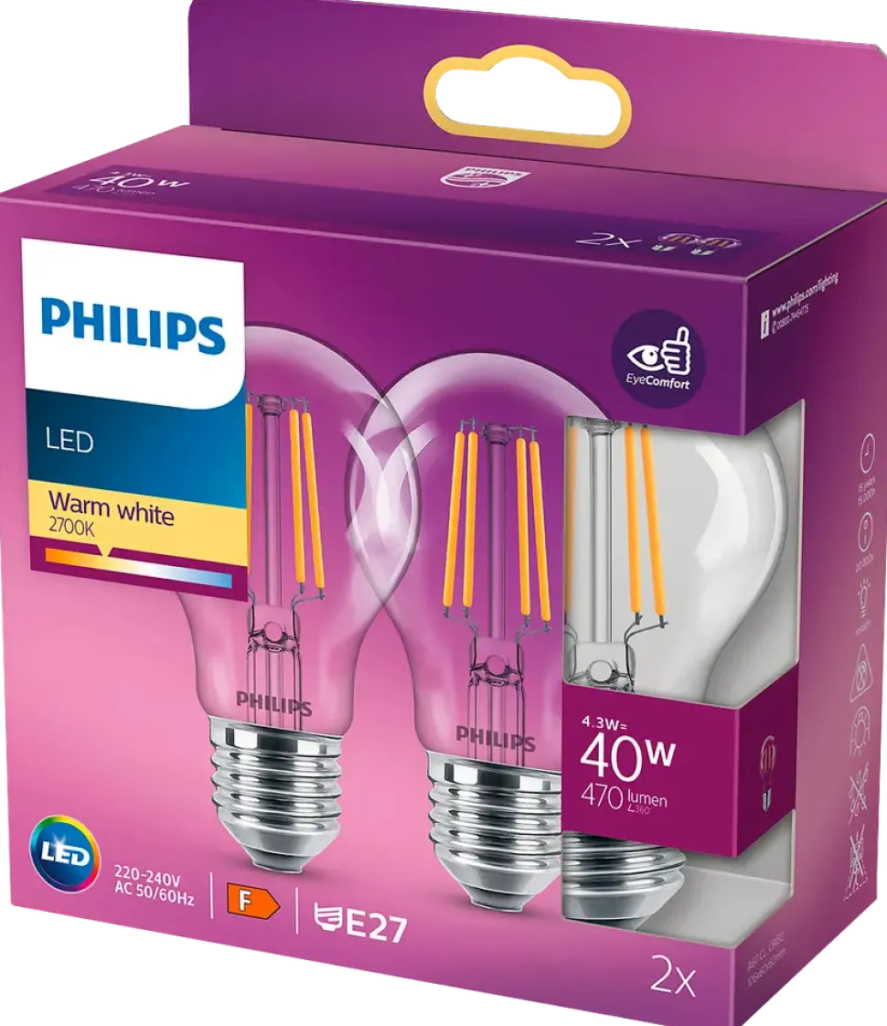 PHILIPS LED normallampa 4,3W E27 2-pack
