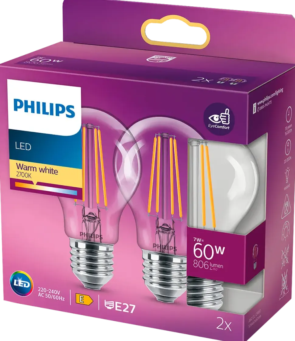 PHILIPS LED normallampa 7W E27 2-pack