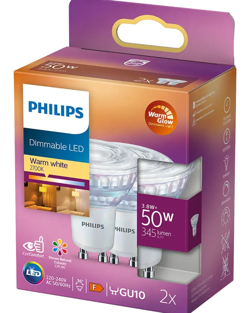 PHILIPS Reflektorlampa 3,8W GU10 dimbar 2-pack