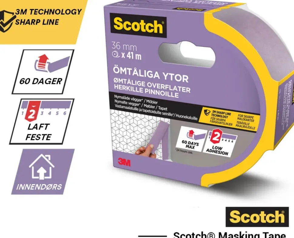 Scotch® Maskeringstejp för ömtåliga ytor 41 meter – 36 mm