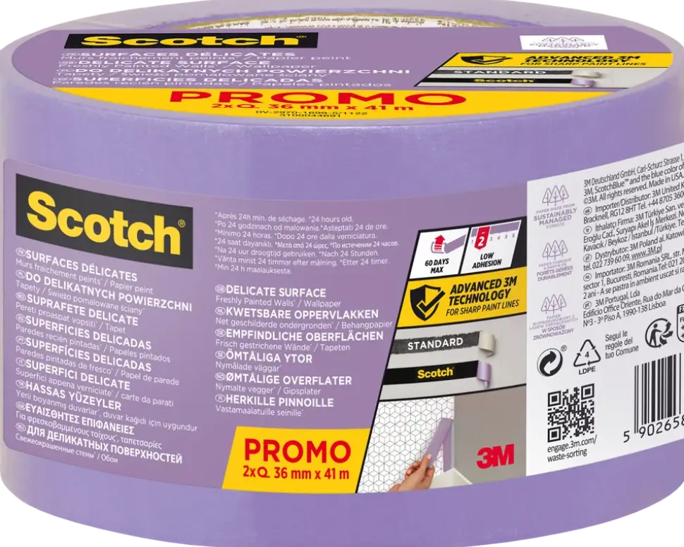Scotch® Maskeringstejp för ömtåliga ytor 41 meter – 36 mm 2-pack