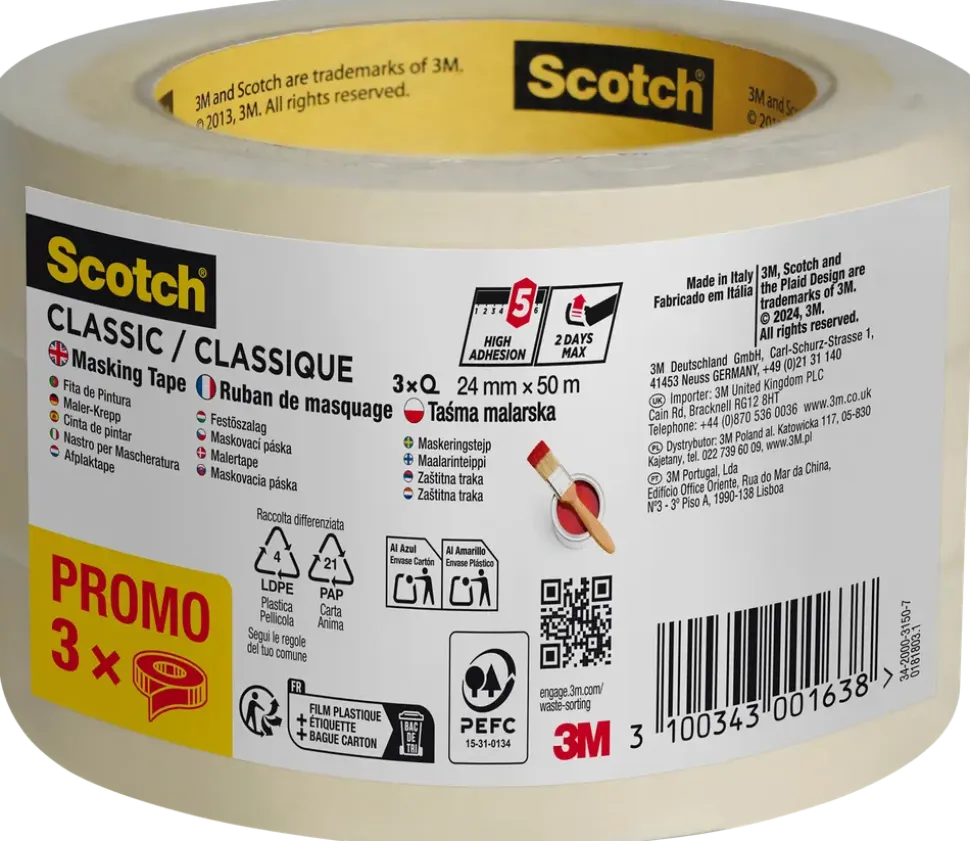 Scotch® maskeringstejp 50 meter x 24 mm, 3-pack